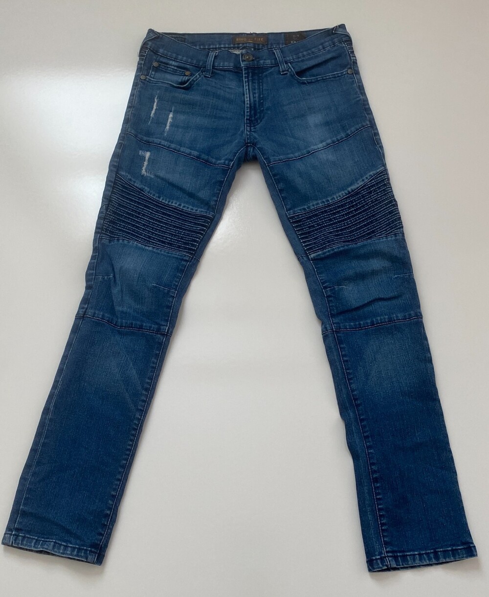 Ring of Fire Men's Moto Biker Jeans 30x32 Medium Blue Distressed Ribbed Knee